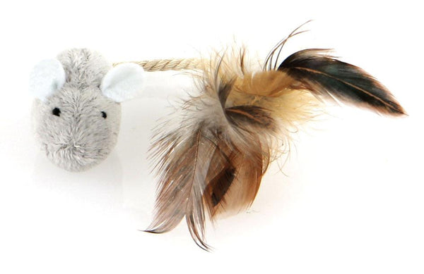 Souris en peluche avec queue en plumes